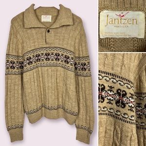 Vintage 70s Jantzen Cable Knit Polo Sweater Mens XL Collared Fair Isle Stripe
